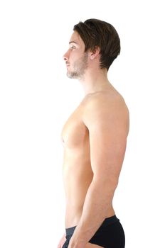 Side or profile view of shirtless young man standing with proper posture or position