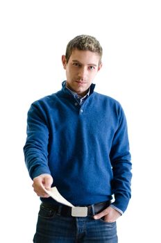 Good looking guy giving or handling small piece of paper sheet, isolated on white