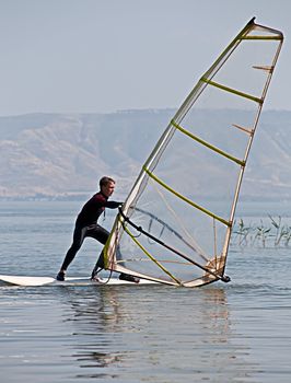 Windsurfing on Lake Kinneret. Spring. Israel.