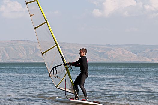 Windsurfing on Lake Kinneret. Spring. Israel.