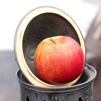 apple in a ceramic bowl at the fair