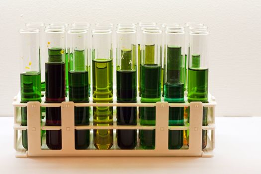 science experiment in a laboratory with colorful chemical liquid