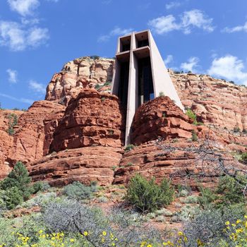 famous Chapel of the Holy Cross set among red rocks in Sedona, Arizona 