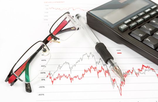 calculator, charts, pen, red glass, workplace businessman, business collage