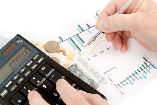 calculator, charts, pen in hand, business cards, money, workplace businessman, business collage