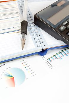 calculator, charts, pen, business cards, notes, workplace businessman, business collage
