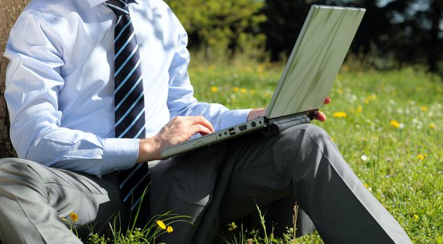 panoramic view of businessman working with laptop outdoor