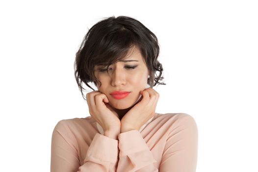 Portrait of a woman in a pink blouse on a white background isolated