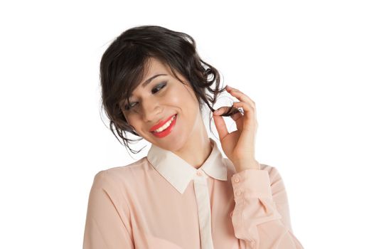 Portrait of a woman in a pink blouse on a white background isolated