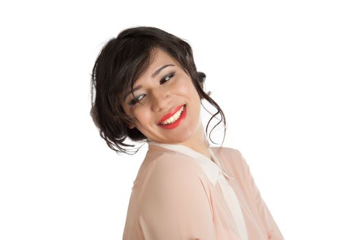 Portrait of a woman in a pink blouse on a white background isolated