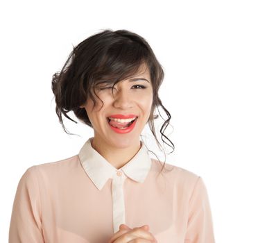 Portrait of a woman in a pink blouse on a white background isolated