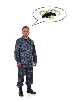 soldier clothing camouflage  thinks of weapons and money