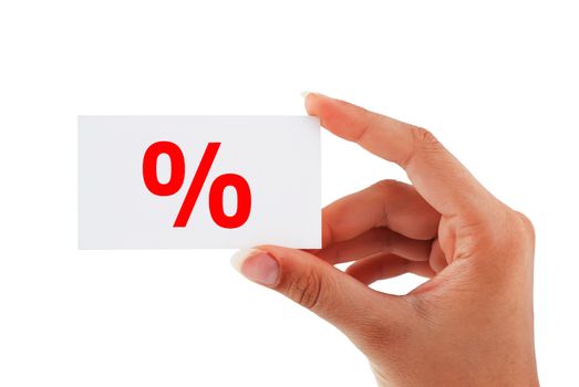 label percent  in hand on a white background