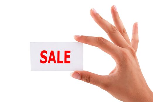 sale cards in hand on a white background