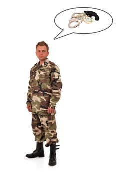 man in camouflage  thinks of weapons and money