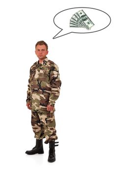 soldier in camouflage  thinks of money