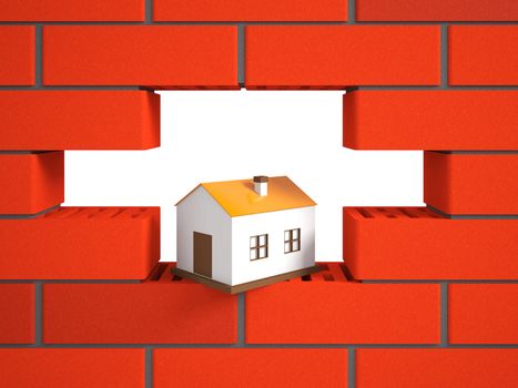 A small house on the brick wall