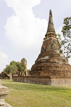 the historical brick pagoda in wat mahathat, ayutthaya, thailand