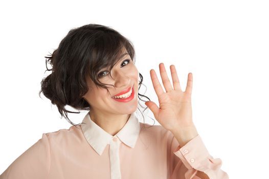 Portrait of a woman in a pink blouse on a white background isolated