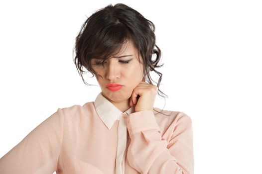 Portrait of a woman in a pink blouse on a white background isolated