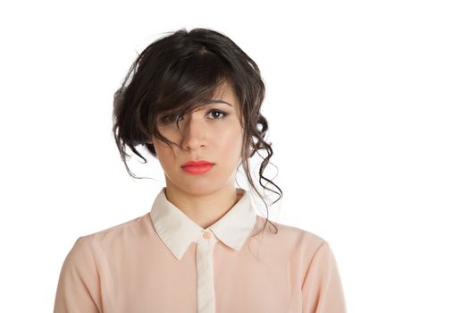 Portrait of a woman in a pink blouse on a white background isolated