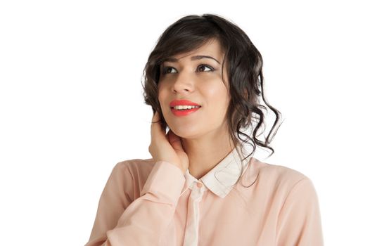 Portrait of a woman in a pink blouse on a white background isolated