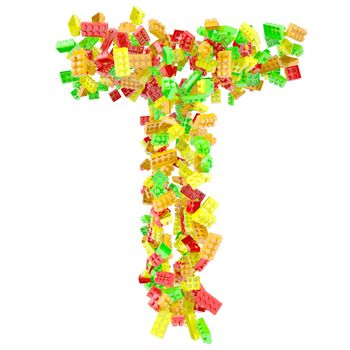 The letter T is made up of children's blocks. Isolated render on a white background