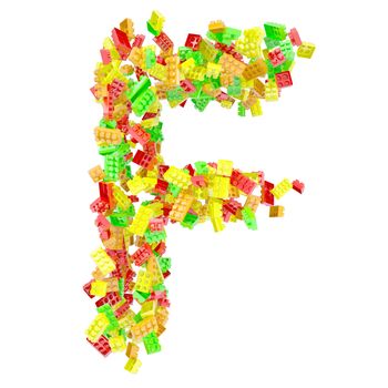 The letter F is made up of children's blocks. Isolated render on a white background