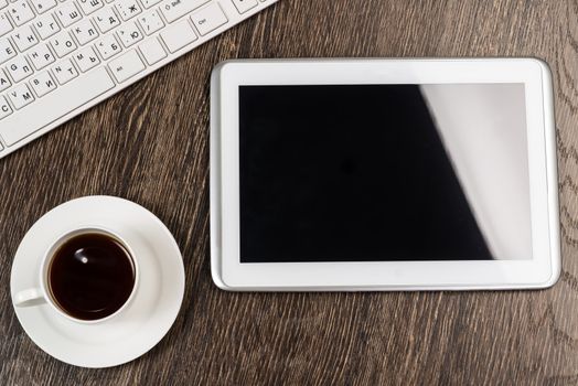 tablet, keyboard, cup of coffee, still life