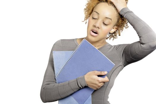 Young business woman holding folders and under stress