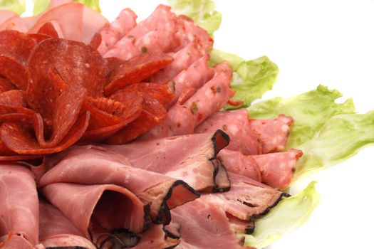 salami and lettuce on the white background