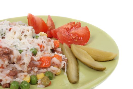 meat, rice and vegetable on the white background