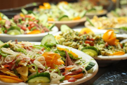 gourmet food with vegetable fruits and meat