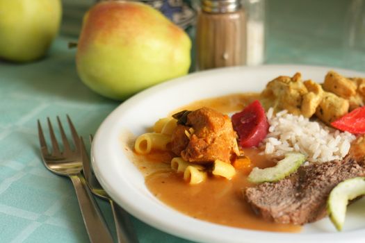 gourmet food with fruits vegetables and meat