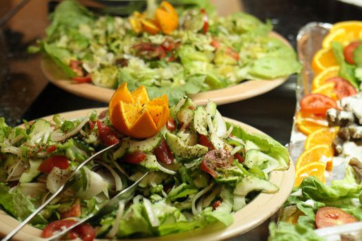 gourmet food with fruits vegetables and meat