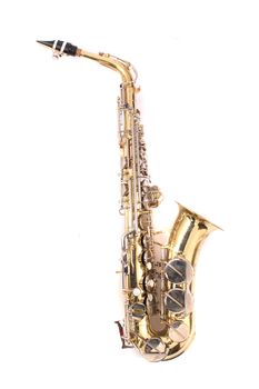 Very old saxophone on the white background