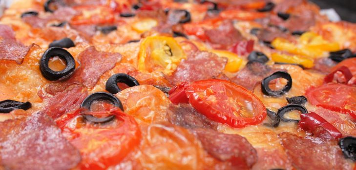 pizza background with tomato, olive, cheese and others