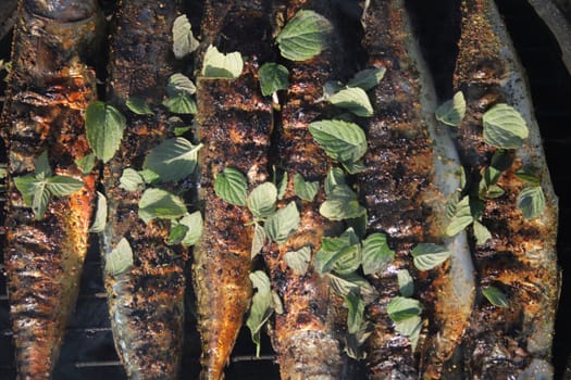 fresh grilled fishes as natural food background