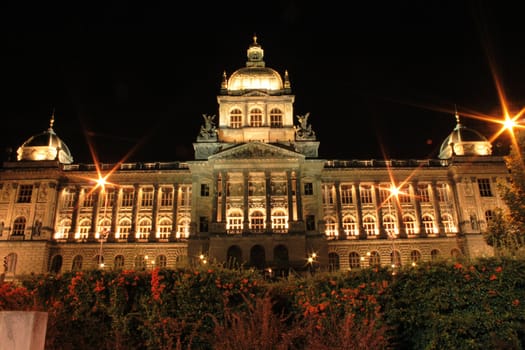 old buildings in Prague in the night - national museum