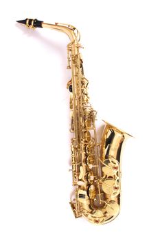 new gold saxophone on the white background