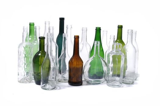 color glass bottles on the white background