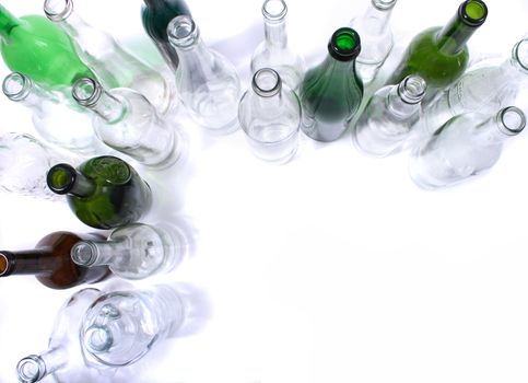 color glass bottles on the white background