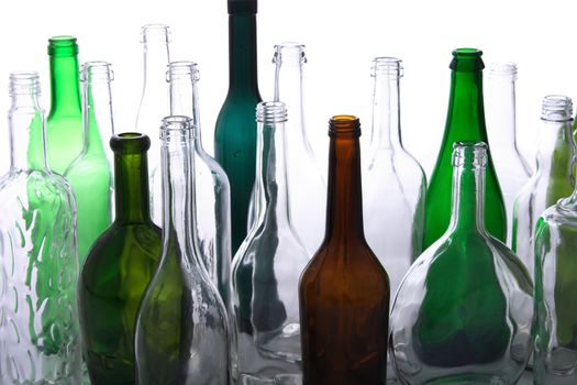 color glass bottles on the white background