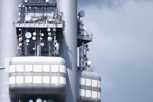 detail of big transciever tower as telecommunication background