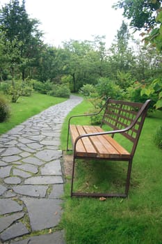 wooden bench  in the spring green park 