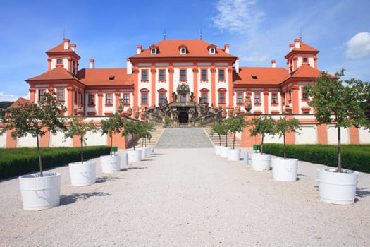 red and white Troja castle in the Prague city 