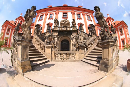 red and white Troja castle in the Prague city 