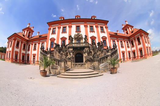 red and white Troja castle in the Prague city 