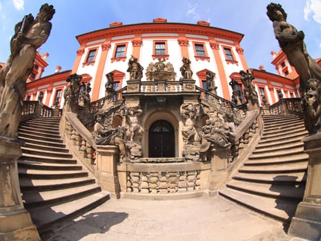 red and white Troja castle in the Prague city 