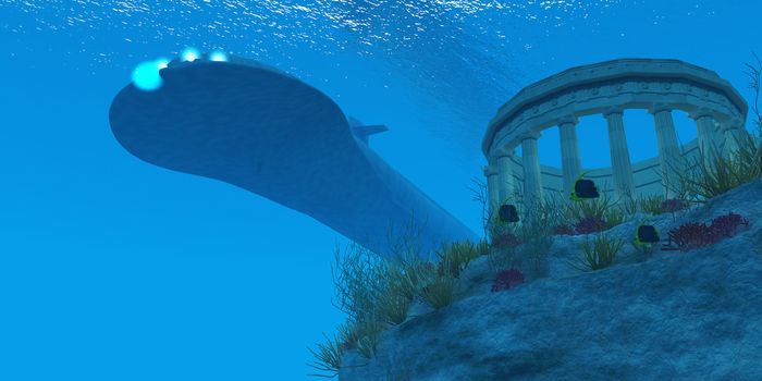 A submarine passes over a Greek temple ruin near a reef with sea life.